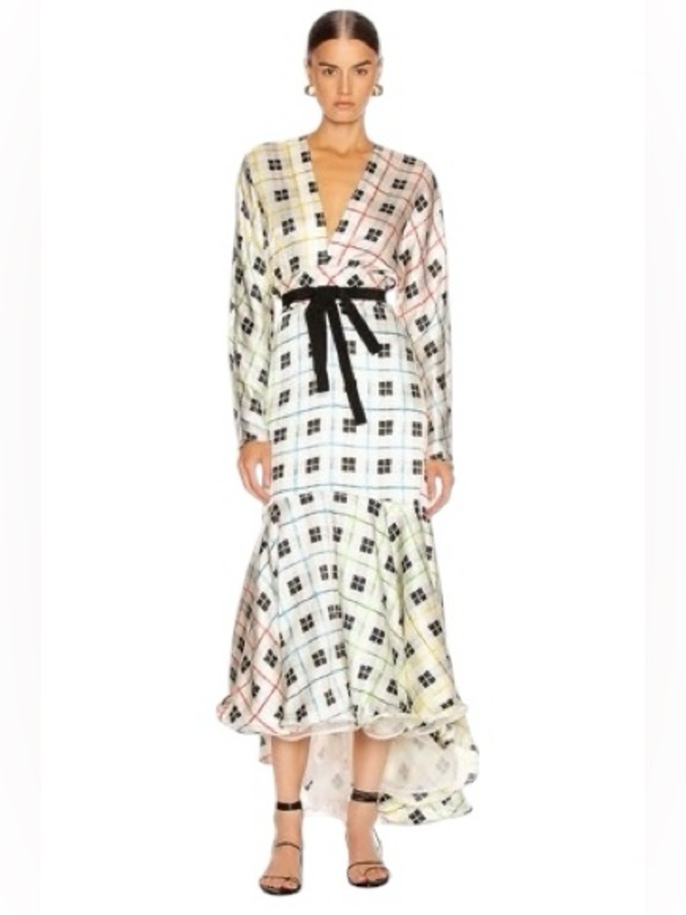 SILVIA TCHERASSI Angelina Ivory Geometric Check Silk Fishtail Hem Maxi Dress